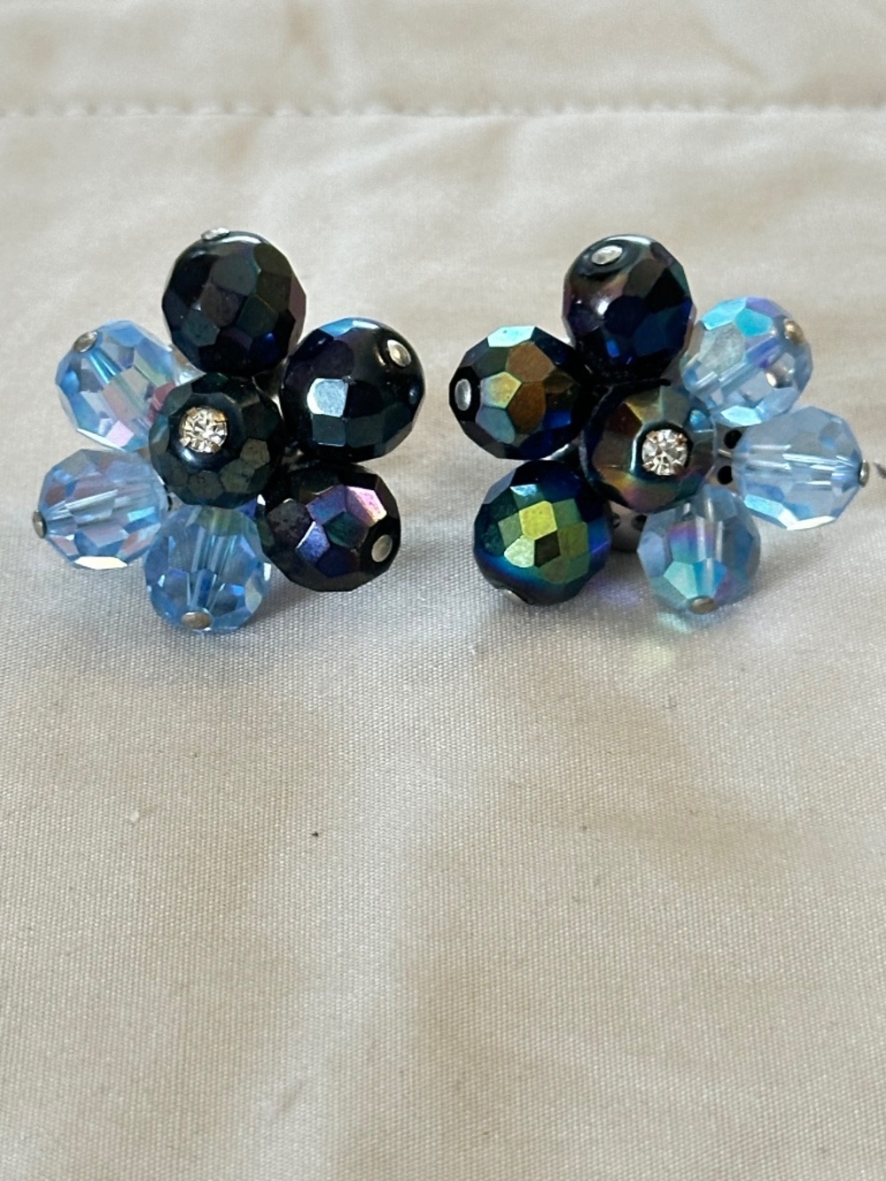 Vintage Blue Aurora Borealis Cluster Rhinestone Silver Tone Clip On Earrings